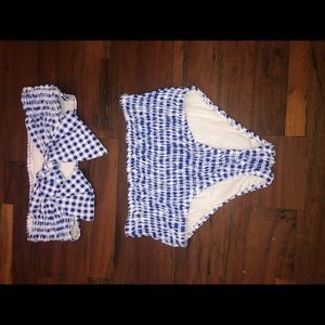 blue and white checkered bikini